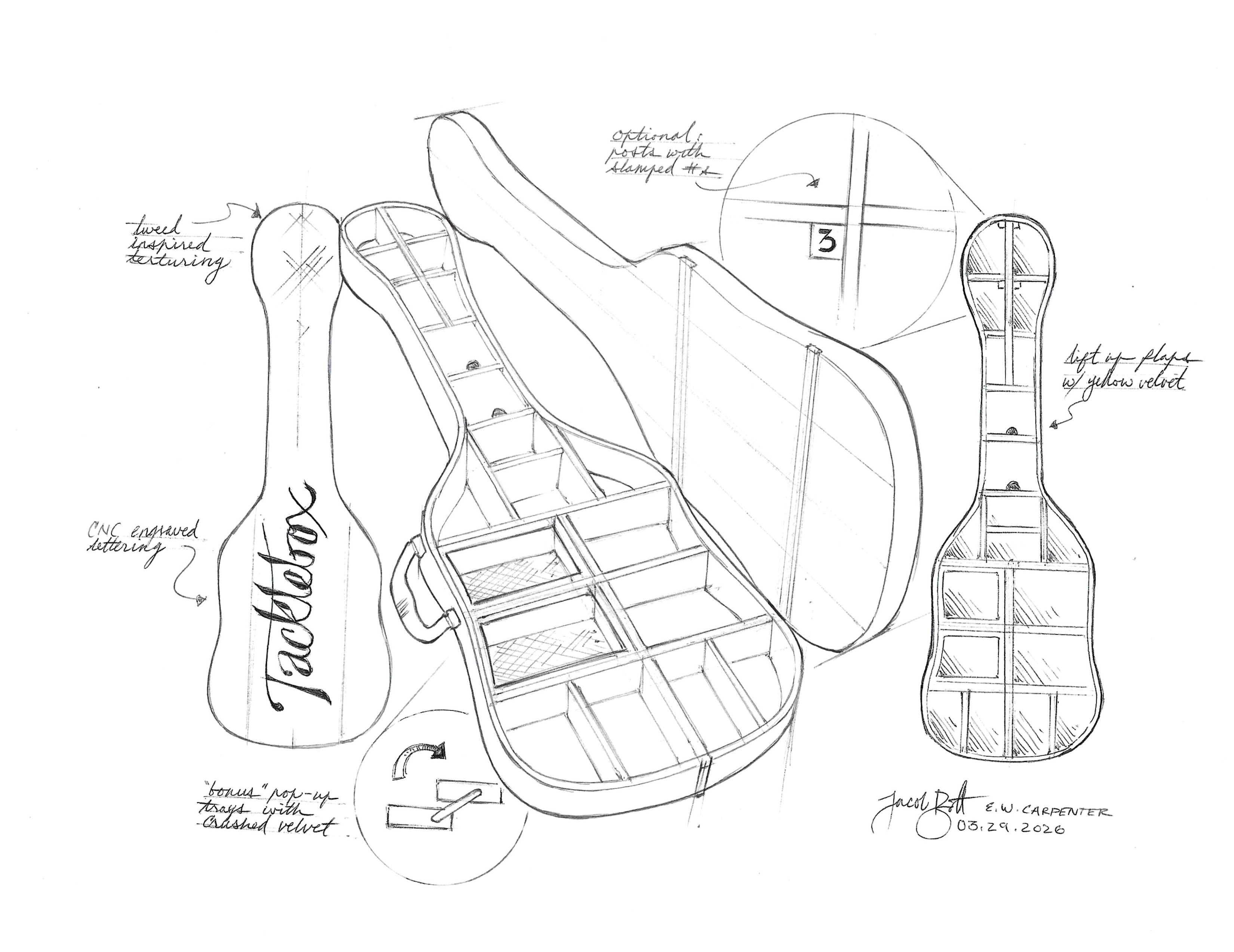 Tacklebox — hand-drawn blueprint sketch of the retro guitar case showing exterior tweed texturing, CNC-engraved Tacklebox lettering, interior pop-up trays, lift-up flaps with yellow velvet, and optional numbered posts. Signed Jacob R. / E.W. Carpenter, 03.29.2026.