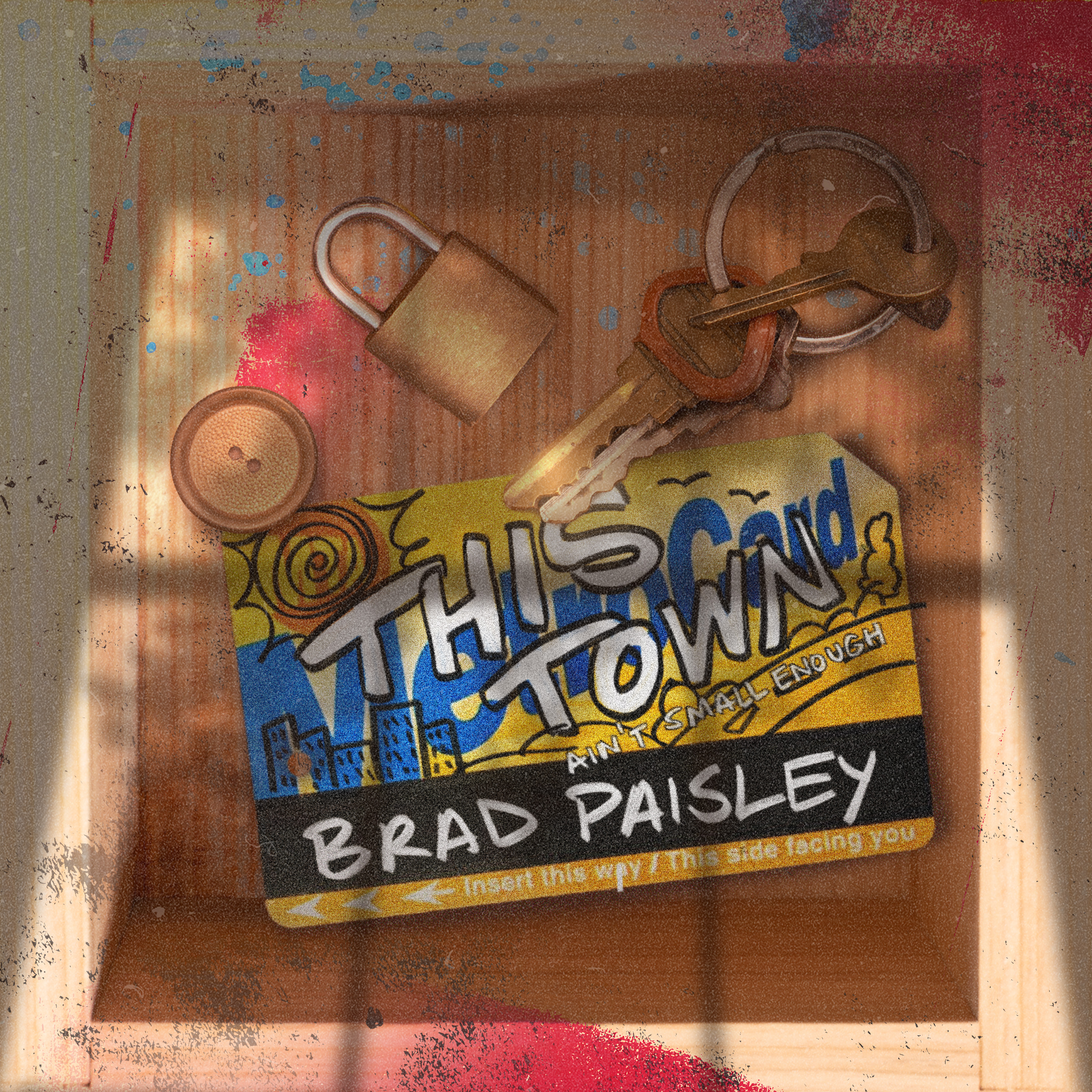 This Town Ain't Small Enough single cover — keys, padlock, button, and a vintage SkyMall-era card