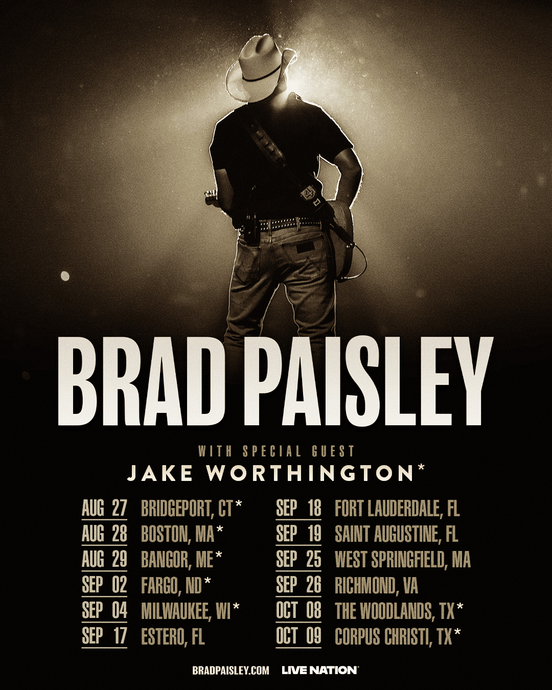 Brad Paisley 2026 Tour admat — poster artwork with tour dates and venue