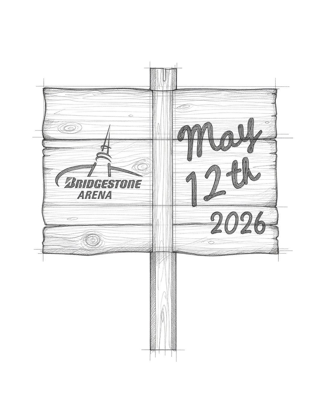 Slide 2 — venue-specific sketch with the venue's name and tour date (Bridgestone Arena · May 12, 2026 example shown)